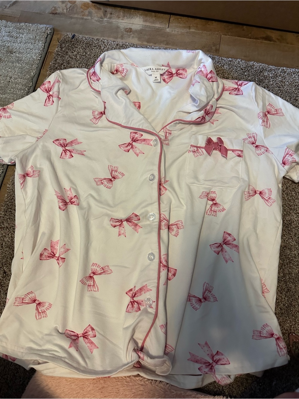 Laura Ashley White Short-Sleeve Pajama SET with Pink Bow Pattern